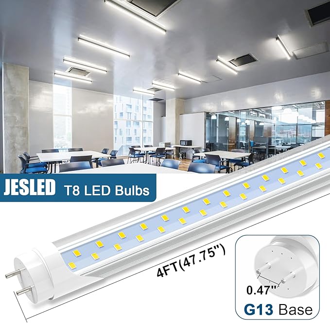 JESLED 4FT LED T8 Type A+B Tube Lights, 24W(65W Equivalent), 3200LM, 6000K, Single or Double End Powered, Plug and Play or Ballast Bypass, 4 Foot T10 T12 Fluorescent Bulbs Replacement, Clear(25-Pack)