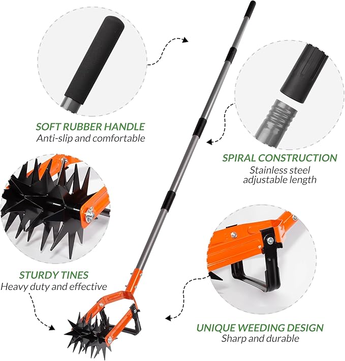 Walensee Rotary Cultivator Tool, Adjustable Garden Hand Tiller with Stainless Steel Pole, 2-in-1 Garden Weeder and Crumbler Soil Cultivator Tool with Weeding Knife for Soil Mixing or Reseeding Grass