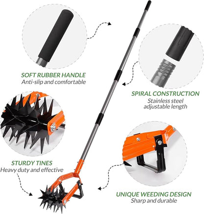 Walensee Rotary Cultivator Tool, Adjustable Garden Hand Tiller with Stainless Steel Pole, 2-in-1 Garden Weeder and Crumbler Soil Cultivator Tool with Weeding Knife for Soil Mixing or Reseeding Grass