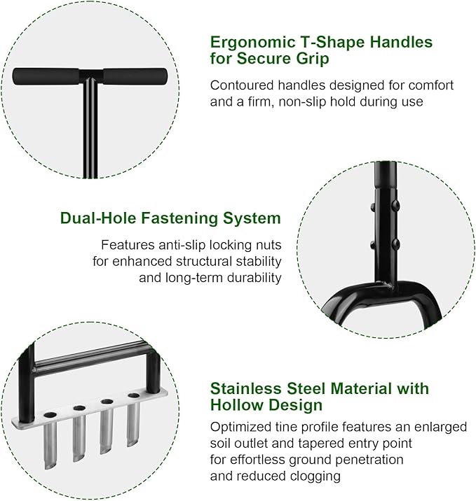 Lawn Core Aerator Tool Coring Grass Aerator Lawn Tool 4 Hollow Tines for Efficient Aeration Heavy Duty Steel Manual Plug Aerator for Lawn Care/Yard Soil Loosening/Grass Maintenance