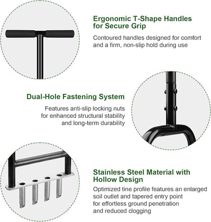 Lawn Core Aerator Tool Coring Grass Aerator Lawn Tool 4 Hollow Tines for Efficient Aeration Heavy Duty Steel Manual Plug Aerator for Lawn Care/Yard Soil Loosening/Grass Maintenance