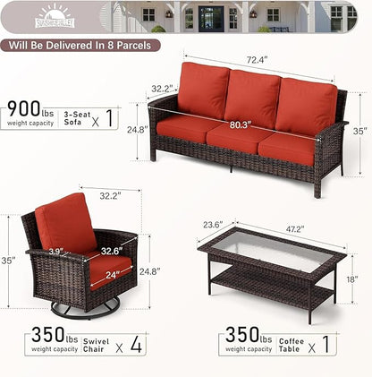 Patio Furniture Set with Swivel Chairs, High Back Wicker Rattan Furniture with Extra Thick Cushion and Coffee Table, Outdoor Conversation Set for Garden Backyard Deck,7 Seats Red