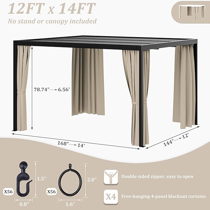 Gazebo Universal Replacement Privacy Curtain,12'×14' Gazebo Outdoor Waterproof Curtains, 4-Panels Sidewall Curtains with Double Zipper for Patio Canopy, Garden and Backyard (Curtain Only)