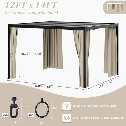 Gazebo Universal Replacement Privacy Curtain,12'×14' Gazebo Outdoor Waterproof Curtains, 4-Panels Sidewall Curtains with Double Zipper for Patio Canopy, Garden and Backyard (Curtain Only)