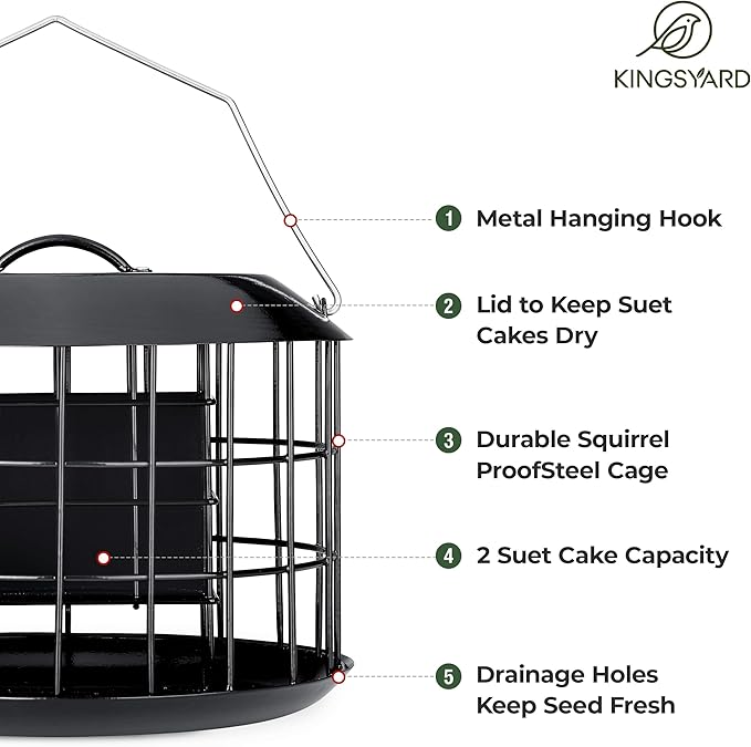 Kingsyard Squirrel Proof Suet Feeder, Cage Bird Feeders for Outdoors Hanging, All Metal, Double Suet Cake Capacity, Tray & Weatherproof, Black