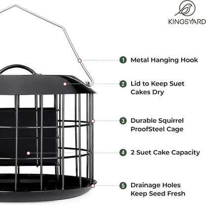 Kingsyard Squirrel Proof Suet Feeder, Cage Bird Feeders for Outdoors Hanging, All Metal, Double Suet Cake Capacity, Tray & Weatherproof, Black