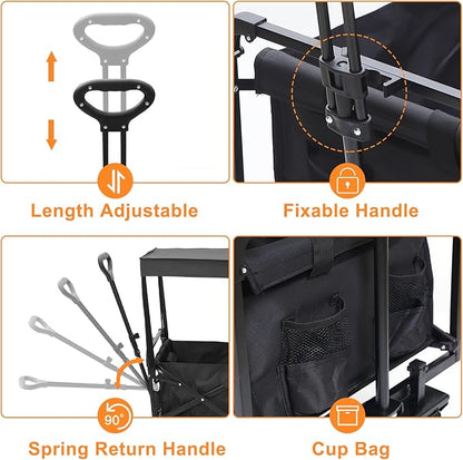 Nice C Collapsible Wagons Carts Foldable, Push Wagon, Stroller Wagons, Wagon with Canopy, Grocery Cart on Wheels, 42.5'' L Up to 440LBS, All-Terrain Wheels with Handle&Push Bar (Stroller, Black)