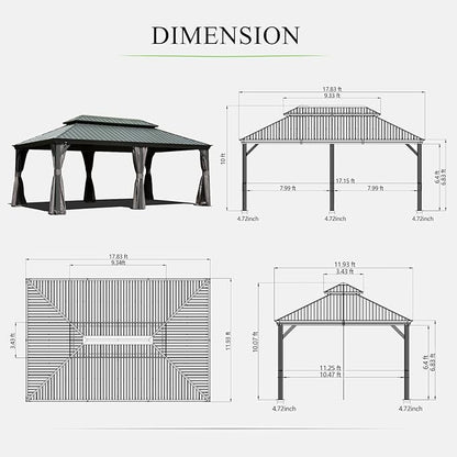 Domi 12'x18' Hardtop Gazebo Canopy Metal,Outdoor Aluminum Gazebo with Galvanized Steel Double Roof,Permanent Gazebo Pavilion for Patio Deck Backyard,Curtain and Netting,Grey