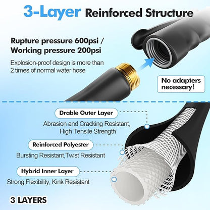 SPECILITE 3/4" Hot/Cold Garden Hose 75 ft with Industrial High Pressure Nozzle, Flexible & Lightweight, 600psi Burst Rubber Water hose -50℉-158℉ With 3/4" Brass Fittings for Yard, Black