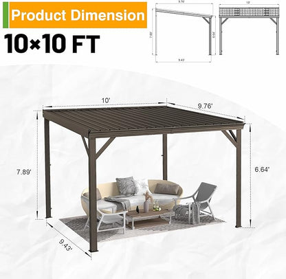 10x10FT Lean to Gazebo, Outdoor Hardtop Wall Mount Gazebo with Gutter & Sloping Galvanized Steel Roof, Metal Hard Top Awnings for Deck, Porch, Backyard- Brown