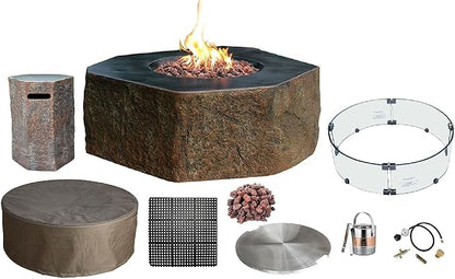 Elementi | Bundle Columbia Gas Fire Pit Cast Concrete Semi-Round Fire Table, Outdoor Fire Pit Electronic Ignition | Canvas Cover, Lava Rock Included | Propane Gas