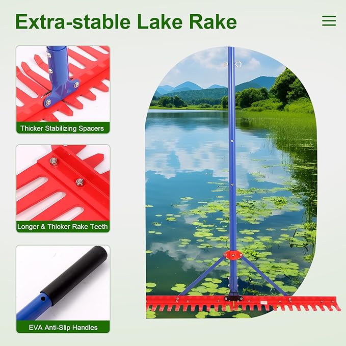 Lake Rake,Pond Weed rake,Heavy Duty Razer Rake,Large Pond Aquatic Rake-39 Wide Head with Alloy Tines , Floating Lake for Removal of Weeds Leaves & Floating Scum ,Shoreline & Beach Landscaping Tool
