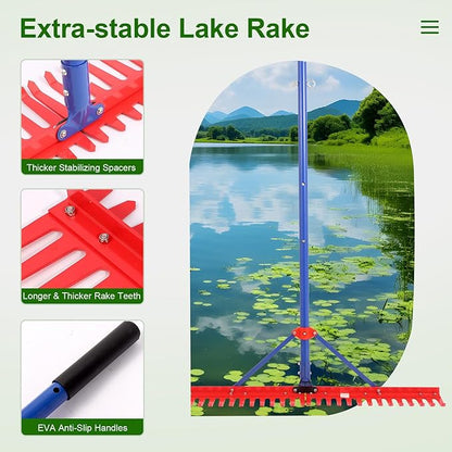 Lake Rake,Pond Weed rake,Heavy Duty Razer Rake,Large Pond Aquatic Rake-39 Wide Head with Alloy Tines , Floating Lake for Removal of Weeds Leaves & Floating Scum ,Shoreline & Beach Landscaping Tool