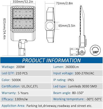 ledmo 200W LED Parking Lot Lights 5000K Street Shoebox Pole Lights Waterproof 26000LM Super Bright Dusk to Dawn Outdoor Commercial Area Flood Security Lighting Slip Fitter for Stadium Sport Garage