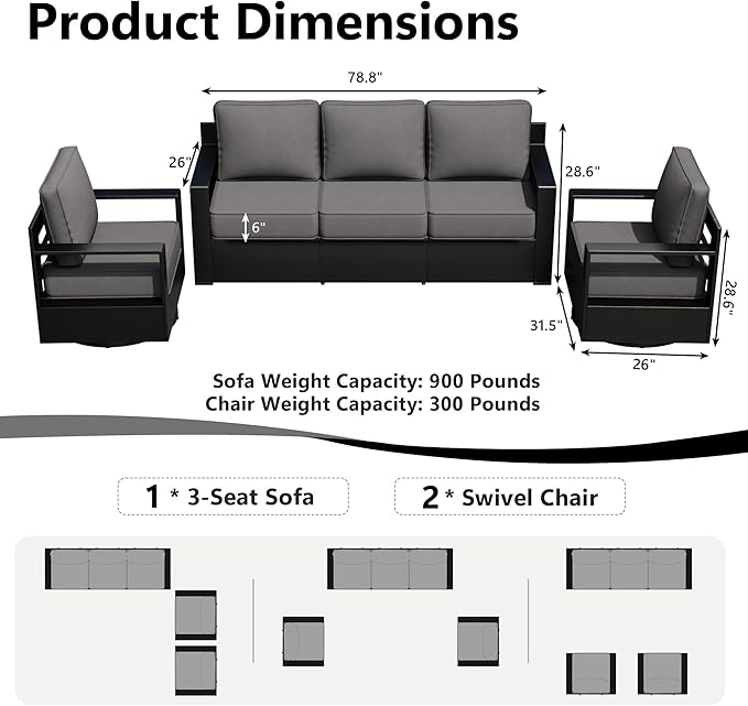 Outdoor Patio Furniture Set, 3-Piece Aluminum Patio Conversation Set All-Weather Metal Outdoor Sectional with 6 Inch Thick Cushions, Deep Setting for Garden, Outside and Porch