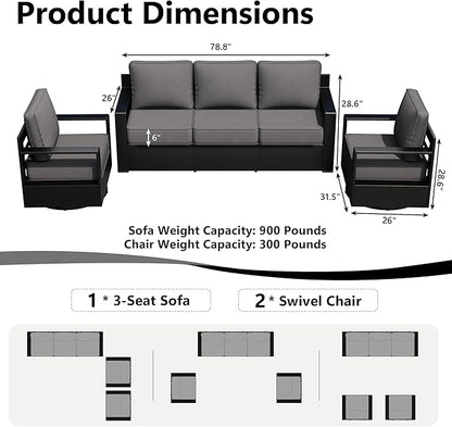 Outdoor Patio Furniture Set, 3-Piece Aluminum Patio Conversation Set All-Weather Metal Outdoor Sectional with 6 Inch Thick Cushions, Deep Setting for Garden, Outside and Porch