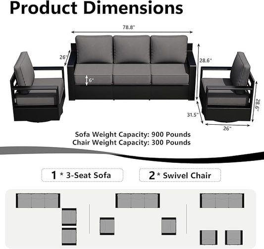 Outdoor Patio Furniture Set, 3-Piece Aluminum Patio Conversation Set All-Weather Metal Outdoor Sectional with 6 Inch Thick Cushions, Deep Setting for Garden, Outside and Porch
