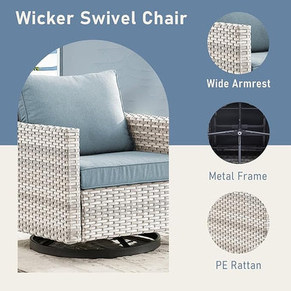 Outdoor Swivel Chairs Set of 4: Wicker Swivel Rocker Patio Chairs Set of 4, Swivel Rocker Outdoor Chair, Wicker Patio Furniture Sets, LightGrey/LightBlue