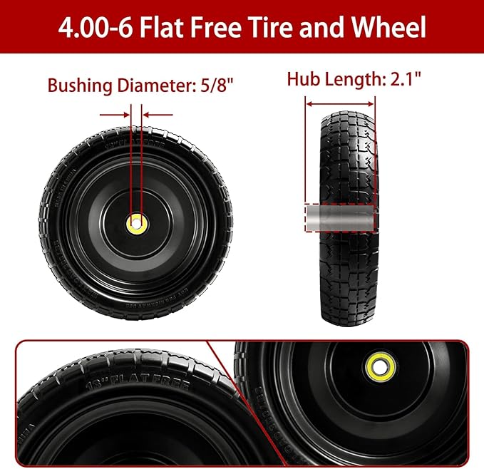 13" Flat-Free Tires and Wheels Replacement Gorilla Cart, 4.00-6 Flat-free Solid Tires for Garden Carts, Wheelbarrows & Yard Trailers - with 5/8" Bearings, 2.1" Hub Offset(4-Pack)