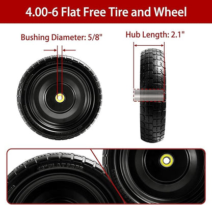 13" Flat-Free Tires and Wheels Replacement Gorilla Cart, 4.00-6 Flat-free Solid Tires for Garden Carts, Wheelbarrows & Yard Trailers - with 5/8" Bearings, 2.1" Hub Offset(4-Pack)
