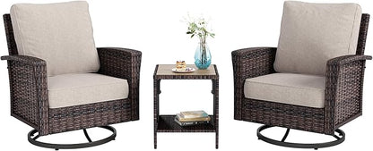 Oversized Patio Wicker Chairs, High Back Outdoor Swivel Chairs Set of 2 with Rattan Side Table, 5.5" Thick Cushions, 3-Piece Patio Furniture Sets for Deck Porch Pool, Brown/Beige