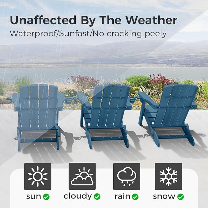 Folding Adirondack Chair with Wood Texture, HDPE All-Weather Fire Pit Chairs, Plastic Adirondack Chairs with 2 Cup Holder, Outdoor Lawn Chair for Patio Garden (Navy Blue)