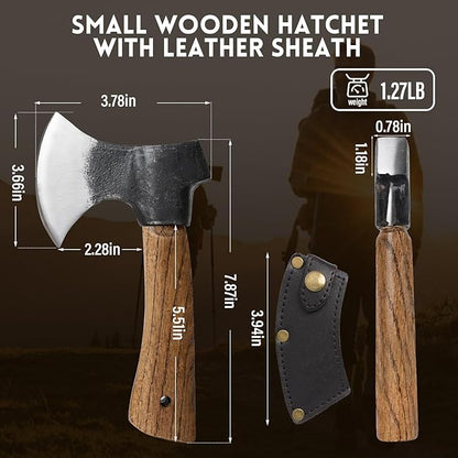 Small Camping Axe with Leather Sheath, 8.46" Backpacking Hatchet with Wooden Handle, Splitting Axe for Jungle, Gardening, Hunting, Survival