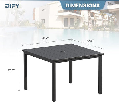 DIFY 40.2" Square Patio Dining Table for 4, Outdoor Metal Dining Table with 1.57" Umbrella Hole for Backyard Lawn Garden, Black
