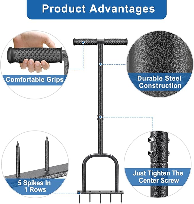 BeneLabel Handheld Lawn Aerator Spike Manual Tool with Solid Spikes Grass Aerators for Lawn with Soft Rubber T-Handle Revives Lawn Health, Loosening Soil