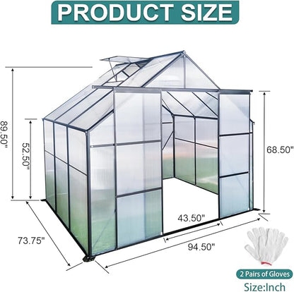 Favfurish 8X6 FT Greenhouses for Outdoors,Double Sliding Door Polycarbonate Greenhouse,Heavy Duty Walk-in Greenhouse, Drainage System & Galvanized Frame for Garden Backyard, Black