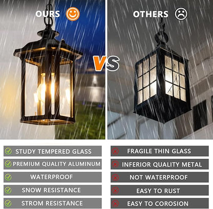 JYZ Dusk to Dawn Outdoor Pendant Lighting, Large Exterior Hanging Lantern Light Fixture, Classic Black Outdoor Chandelier, Outside Ceiling Mount Hanging Lamp for Porch Hallway Foyer Patio Gazebo