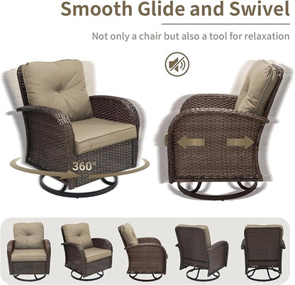 3 Pieces Patio Furniture Set, Outdoor Swivel Rocking Chair Set of 2 with Side Table - 360° Swivel, Thick Cushions, All-Weather Bistro Set for Deck, Porch, Pool(Brown, Brown Full-Weave Rattan)