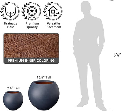 Kante Round Concrete Flower Pot, 11 Inch Dia (7.9" Opening) Sphere Shape Design Planter with Drainage Hole and Rubber Plug for Indoor & Outdoor Plants, Charcoal Finish with Warm Brown Interior