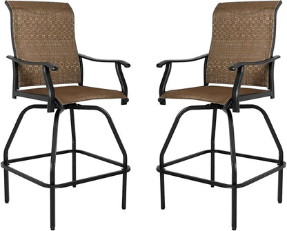 LEVELEVE Patio Bar Set 2pcs Swivel Bar Stools Outdoor Bistro Textilene Furniture Stability All-Weather Set (Dark Brown Fabric)