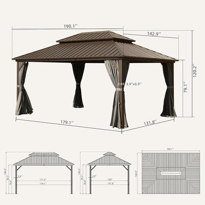 Domi 12' x 16' Hardtop Gazebo Permanent Metal Gazebo with Galvanized Steel Double Roof, Curtains and Netting for Party, Wedding, Outdoor Dining, Patio, Backyard, Brown