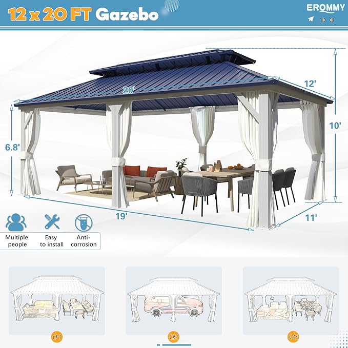 EROMMY 12'x20' Gazebo Hardtop, Galvanized Steel Double Roof Metal Gazebo with Aluminum Frame, Permanent Outdoor Pavilion with Curtain and Netting for Patio Lawn and Garden, Blue