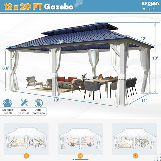 EROMMY 12'x20' Gazebo Hardtop, Galvanized Steel Double Roof Metal Gazebo with Aluminum Frame, Permanent Outdoor Pavilion with Curtain and Netting for Patio Lawn and Garden, Blue