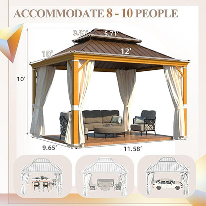 YOLENY 10' x 12' Hardtop Gazebo, Wood Grain Aluminum Frame Canopy with Galvanized Steel Double Roof, Outdoor Patio Gazebo with Netting and Curtains for Backyard, Patio, Lawns