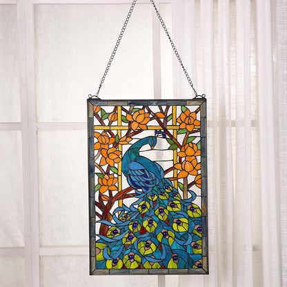 Bieye W10011 Peacock Tiffany Style Stained Glass Window Panel Hangings with Chain, 15" W x 23" H
