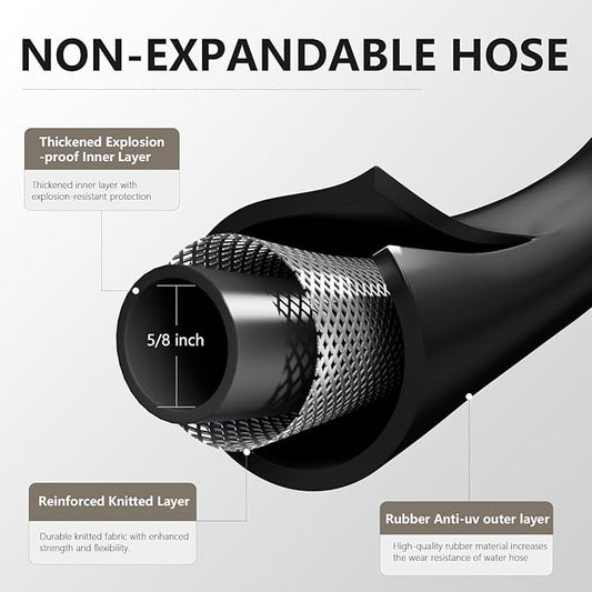 Garden Hose 5/8" x 100ft - Heavy Duty Rubber Water Hose 600 PSI Burst Pressure, No Kink & Durable Flexible Hose for Yard, Car Wash, Pets Black