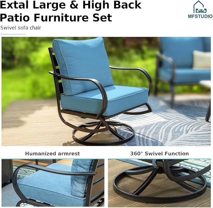 MFSTUDIO 6 Pieces Metal Patio Furniture Sets, 2 Swivel Chairs, 3-Seat Loveseat Sofa, 2 Patio Chairs & 1 Marbling Coffee Table, All Weather 7 Seats Outdoor Conversation Set for Garden Backyard, Navy