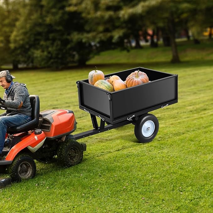 Heavy Duty Steel Dump Trailer, 500 LBS/11.4 Cu.Ft Capacity Garden Dump Cart for Lawn Mower, Utility Trailer with Removeable Rear Panel, Designed for Tractor, ATV, UTV, Black