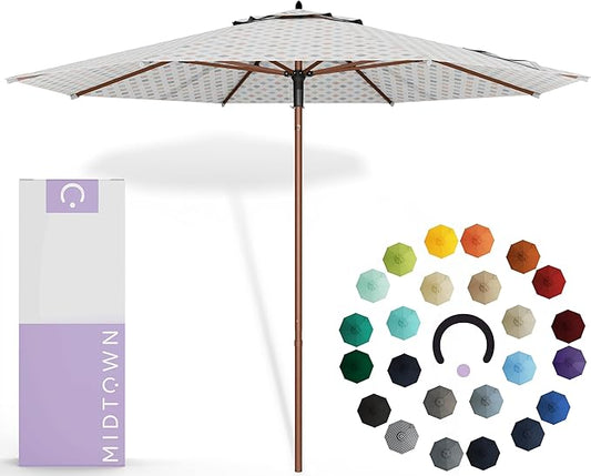 Midtown Umbrellas The Wooden 9 Feet Patio Umbrella With Sunbrella Infused Gem Acrylic Fabric - Aluminum Frame Market Umbrella For Backyard, Deck, Garden, Pool - Wooden Pole