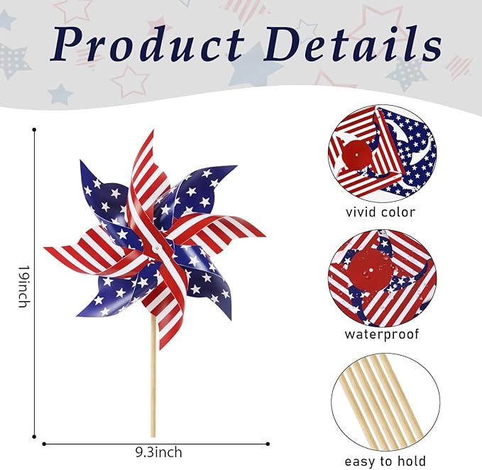 HOOSUN 12Pcs American Flag Patriotic Pinwheels for Yard and Garden,Red White and Blue Pinwheels Patriotic Decorations,Garden Wind Spinners Outdoor Veterans Day Decorations Pinwheel for Kids,Lawn,Patio