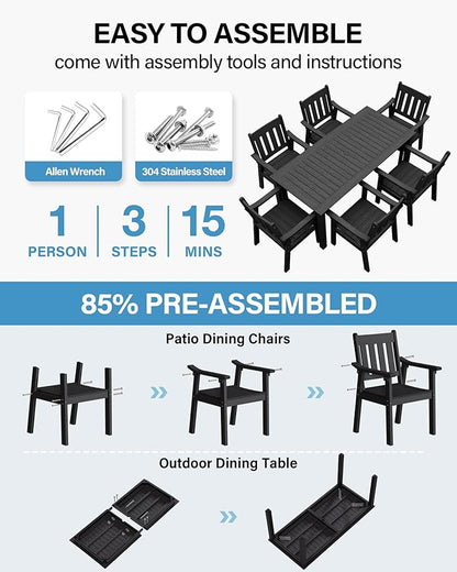 YEFU HIPS Patio Table Set: 7 Piece Outdoor Table and Chairs Dining Furniture Set with Umbrella Hole - Black Modern Plastic Dining Sets 6 Person for Outside Deck with Metal Aluminum Frame