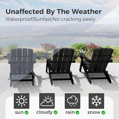 Folding Adirondack Chair Wood Texture 4 Pack, HDPE All-Weather Fire Pit Chairs, Plastic Adirondack Chairs with 2 Cup Holder, Outdoor Lawn Chair for Patio Garden (Black)