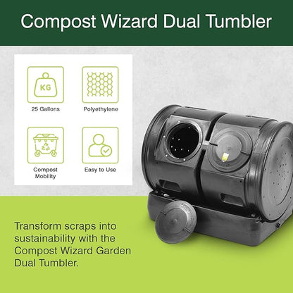 Good Ideas Compost Wizard Outdoor Garden Dual Tumbler Compost Container, Black