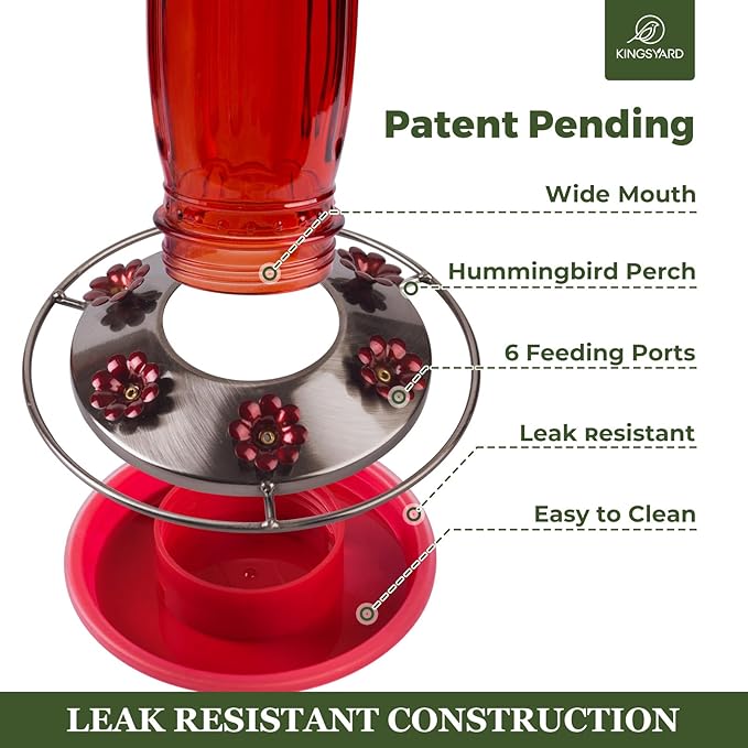 Kingsyard 2 Pack Glass Hummingbird Feeder for Outdoors, 16 Oz Wild Bird Feeder with 6 Feeding Ports Hanging for Garden Yard, Red (Ant Moat Included)