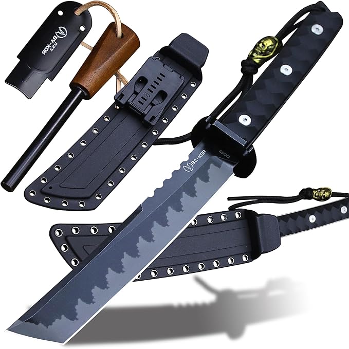 BA-KOR 15.8in Full Tang Japanese Style Outdoor Knife –8mm DC53 Steel, Nylon Fiber Handle &Sheath, Hunting Survival Knife+(5.9in) cerium igniter (Black handle and black blade (8mm))