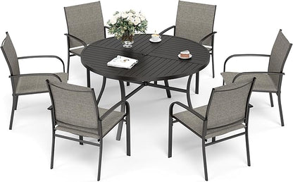 7 Piece Outdoor Dining Set for 6, 54" Round Metal Table with Umbrella Hole, 6 Brown Dining Chairs, Patio Table and Chairs Set for Backyard Lawn